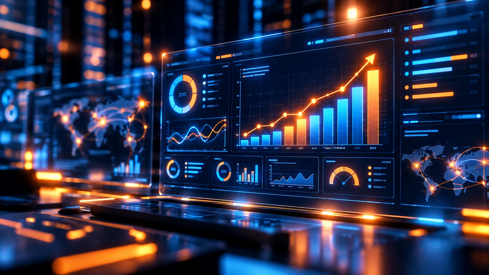 Dashboard operacional em azul e laranja com gráficos de evolução e indicadores de performance